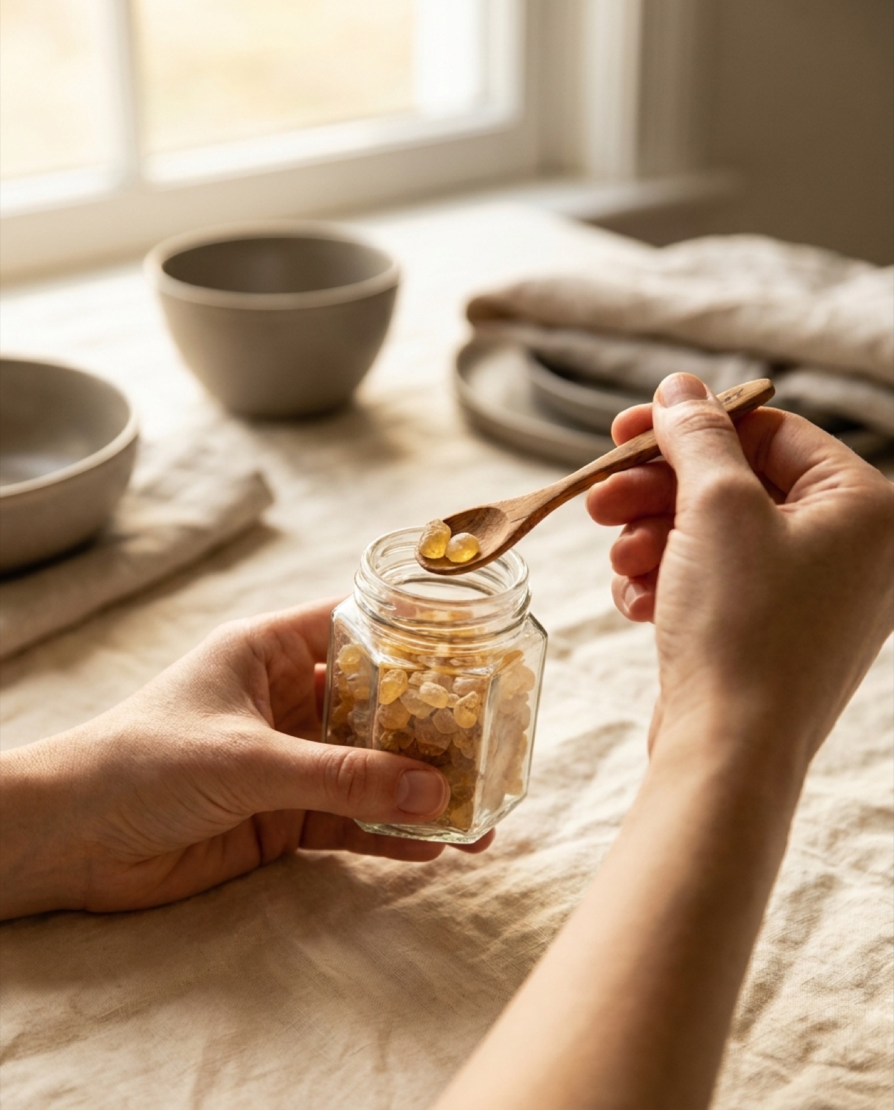 Hands lifting a piece of mastic resin from an open glass jar with a small wooden spoon